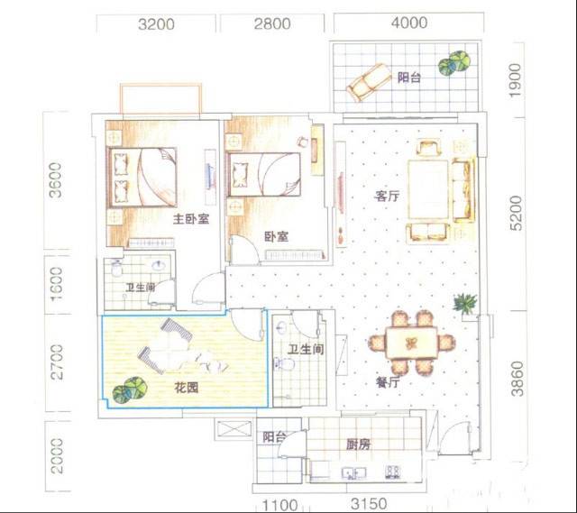 城市代号3室2厅2卫108.6㎡户型图