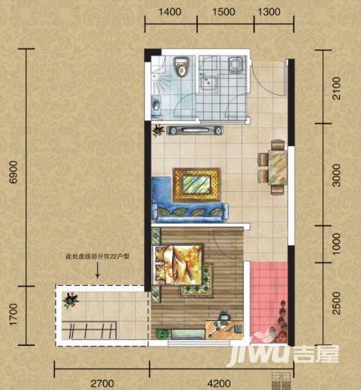 玛斯兰德中心1室1厅1卫44.7㎡户型图