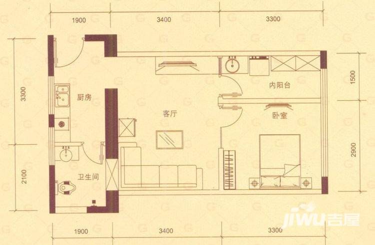 银座国际1室1厅1卫47.6㎡户型图