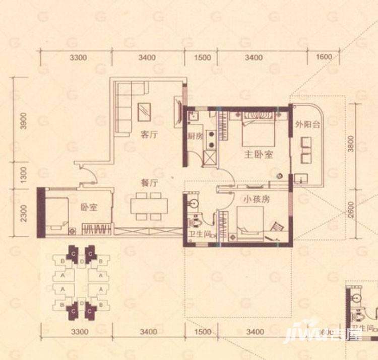 银座国际3室2厅1卫87.5㎡户型图