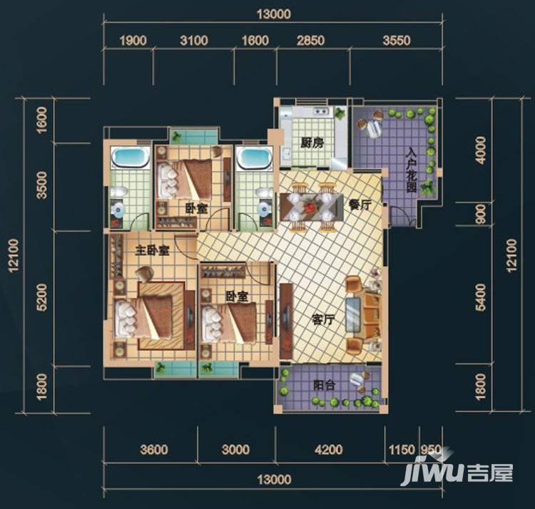 样板3室2厅2卫135.4㎡户型图