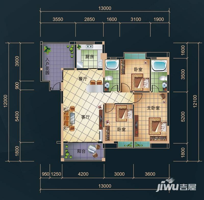 样板3室2厅2卫135.1㎡户型图