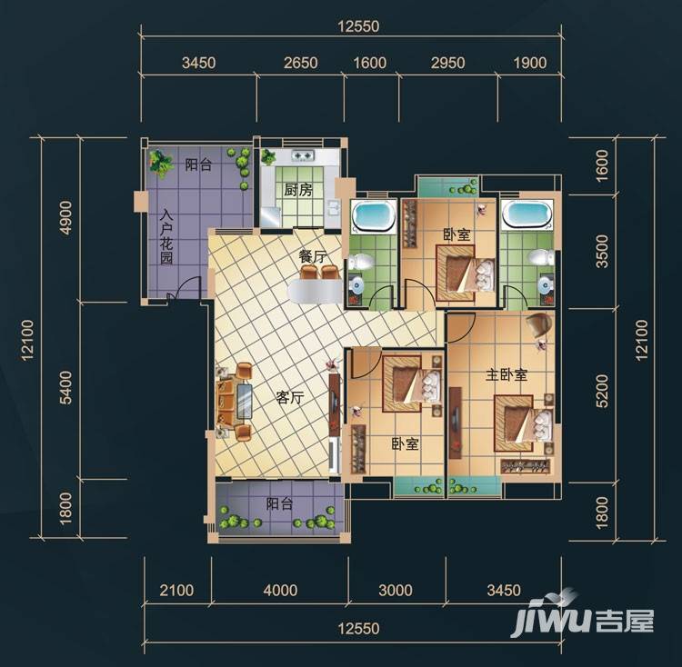 样板3室2厅2卫132㎡户型图