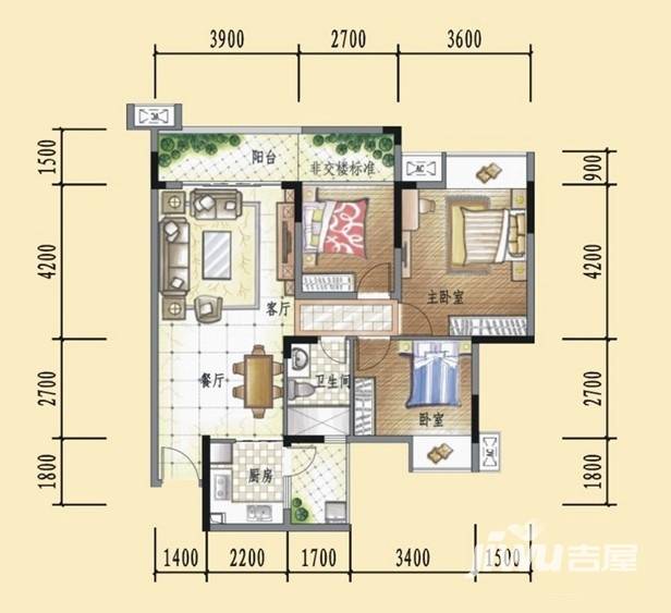 光耀童鞋2室2厅1卫89㎡户型图