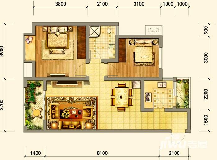 龙城国际2室2厅1卫83㎡户型图