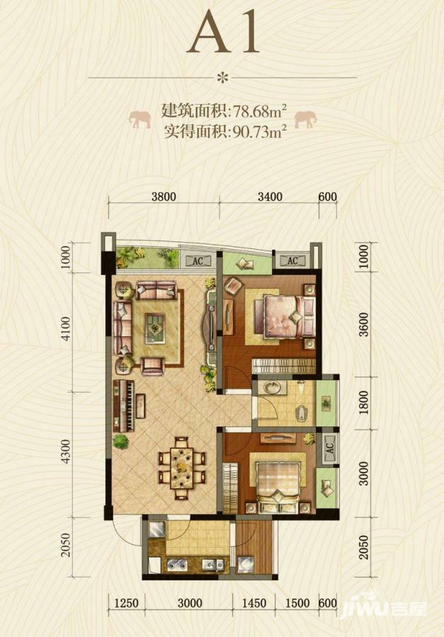 华陆新天地3室2厅2卫96.3㎡户型图