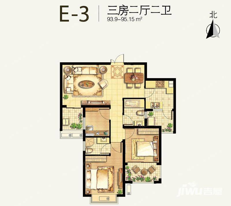 鼎耀花园3室2厅2卫93.9㎡户型图