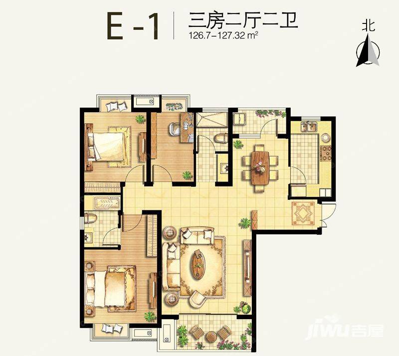 鼎耀花园3室2厅2卫126.7㎡户型图