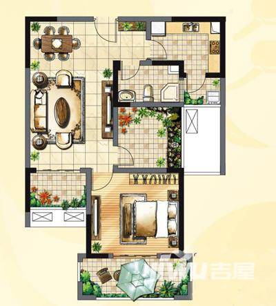 香城湾1室2厅1卫77.6㎡户型图