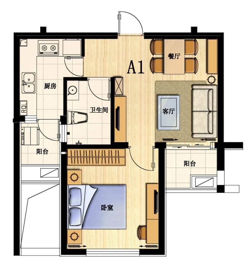 爱莲湾国际旅游度假区1室2厅1卫45.2㎡户型图