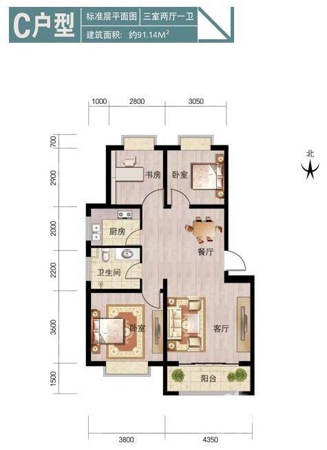 西海湾花园普通住宅91.1㎡户型图