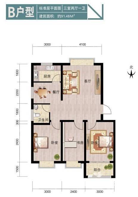 西海湾花园普通住宅91.5㎡户型图