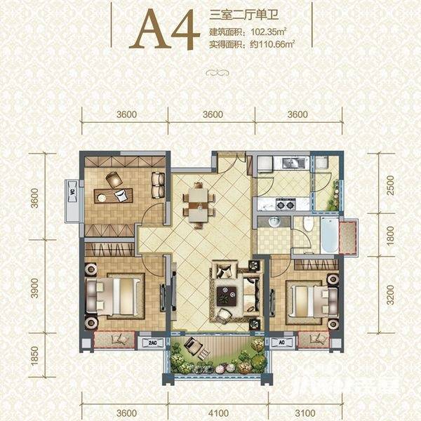 半岛大院3室2厅1卫102.3㎡户型图