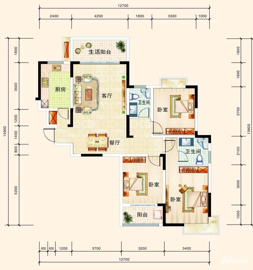 梓山豪苑3室2厅2卫136㎡户型图