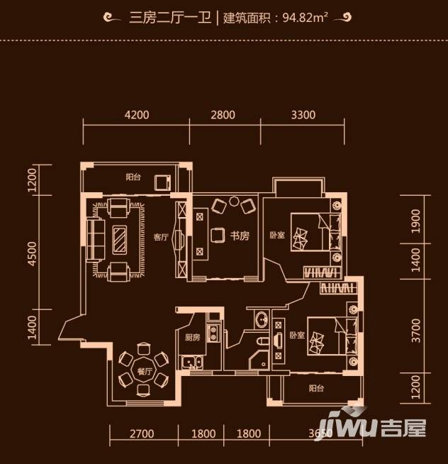 云顶上品3室2厅1卫94.8㎡户型图