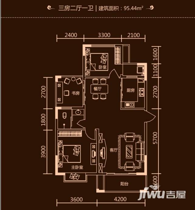 云顶上品3室2厅1卫95.4㎡户型图