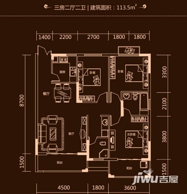 云顶上品3室2厅2卫113.5㎡户型图