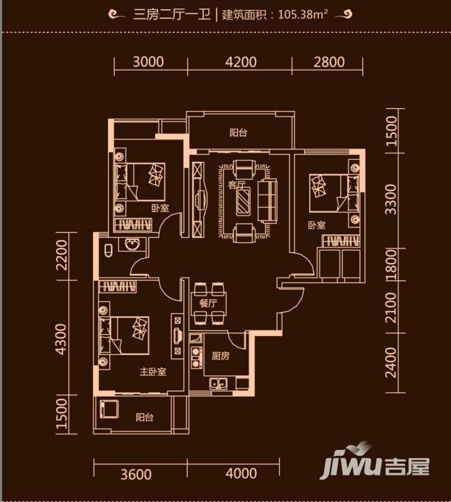 云顶上品3室2厅2卫105.4㎡户型图