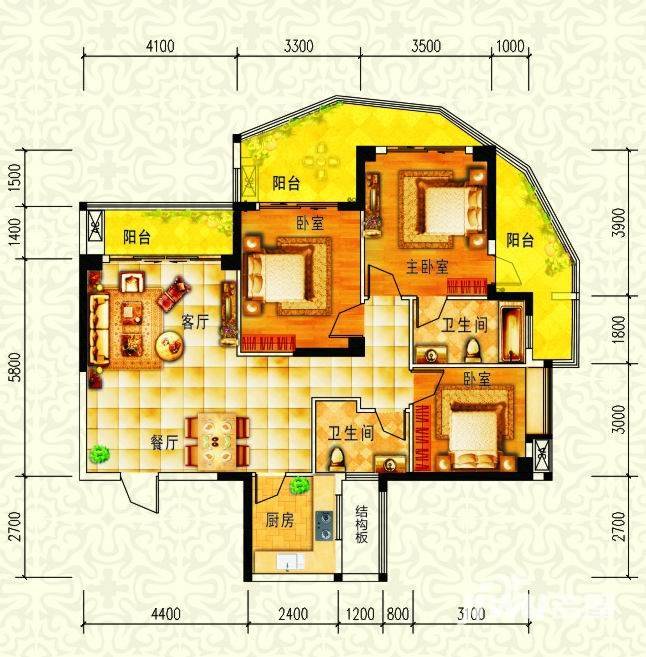 太一御江城3室2厅3卫124㎡户型图