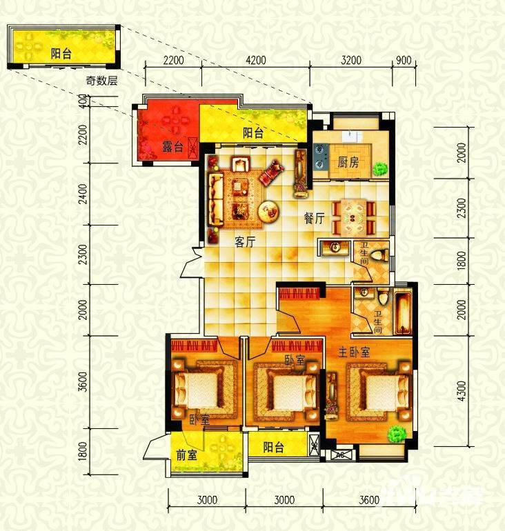 太一御江城3室2厅2卫126.4㎡户型图