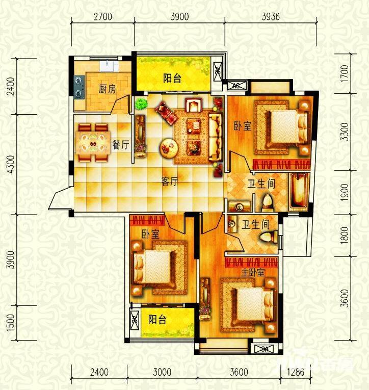 太一御江城3室2厅1卫118.1㎡户型图