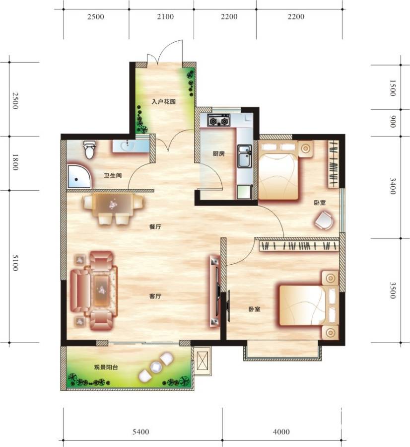 旺佳华府户型图 两室两厅一卫 入户花园
