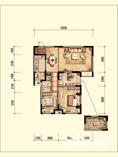 中海国际社区3室2厅2卫105㎡户型图