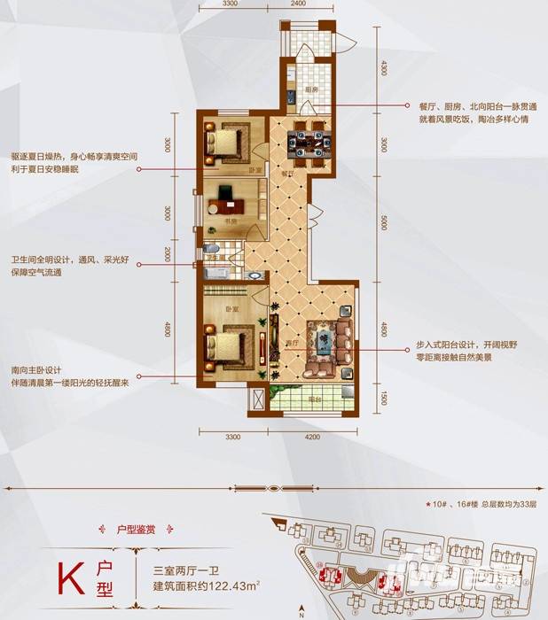 龙马阳光城3室2厅1卫122.4㎡户型图