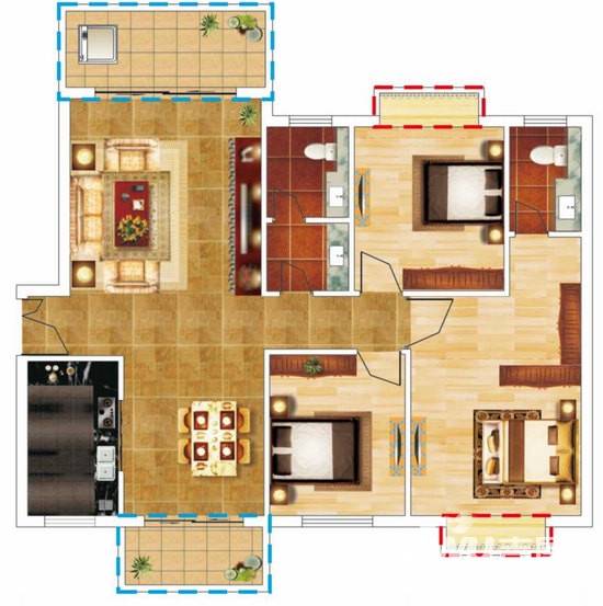 汇金·中央广场3室2厅2卫130.8㎡户型图