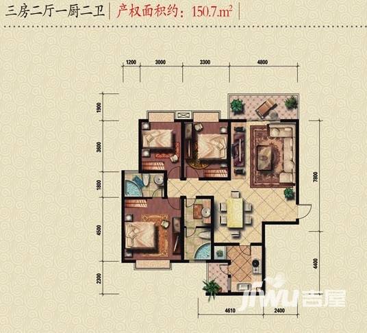 垠地中山城3室2厅1卫150.7㎡户型图